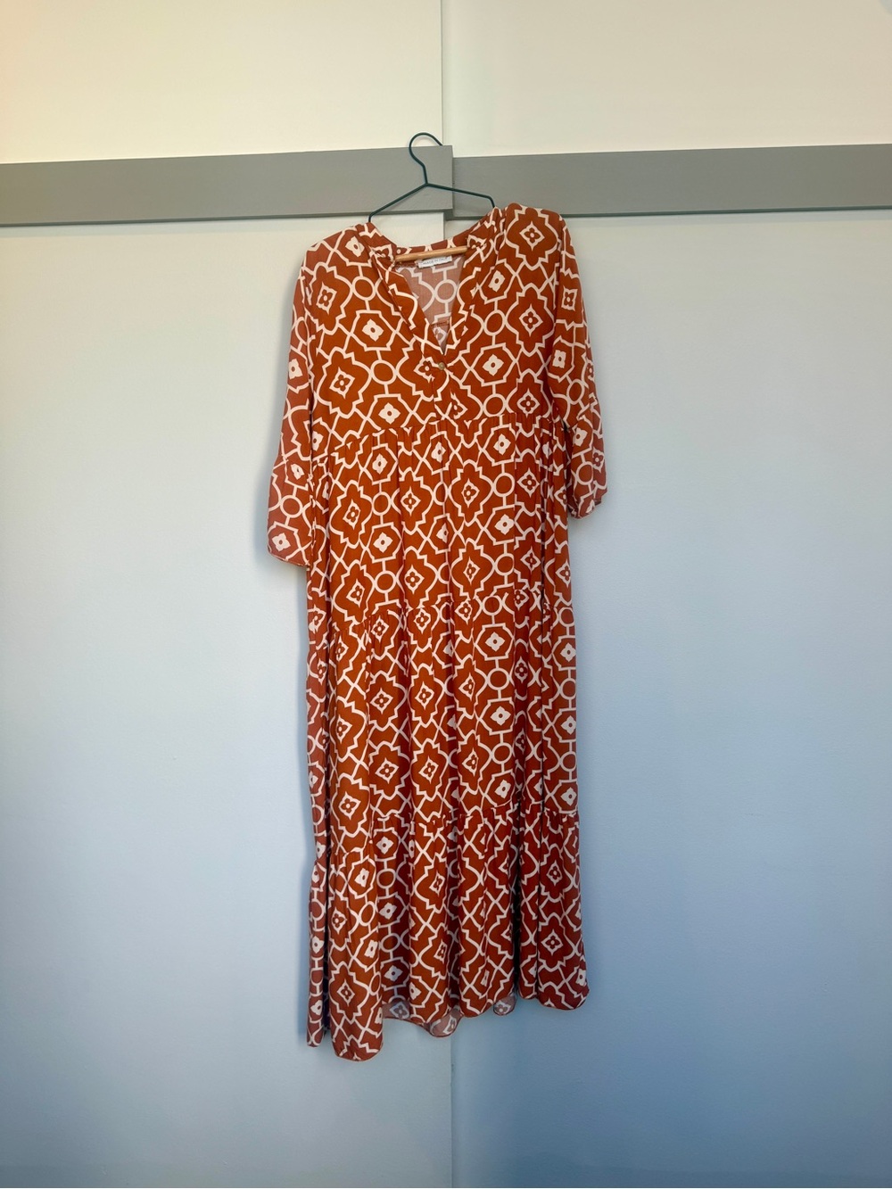 Made in Italy Burnt Orange Geometric Print Boho Dress